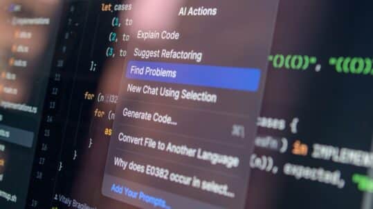 Close-up van een code-editor met een menu AI Actions, met opties als Find Problems en Suggest Refactoring