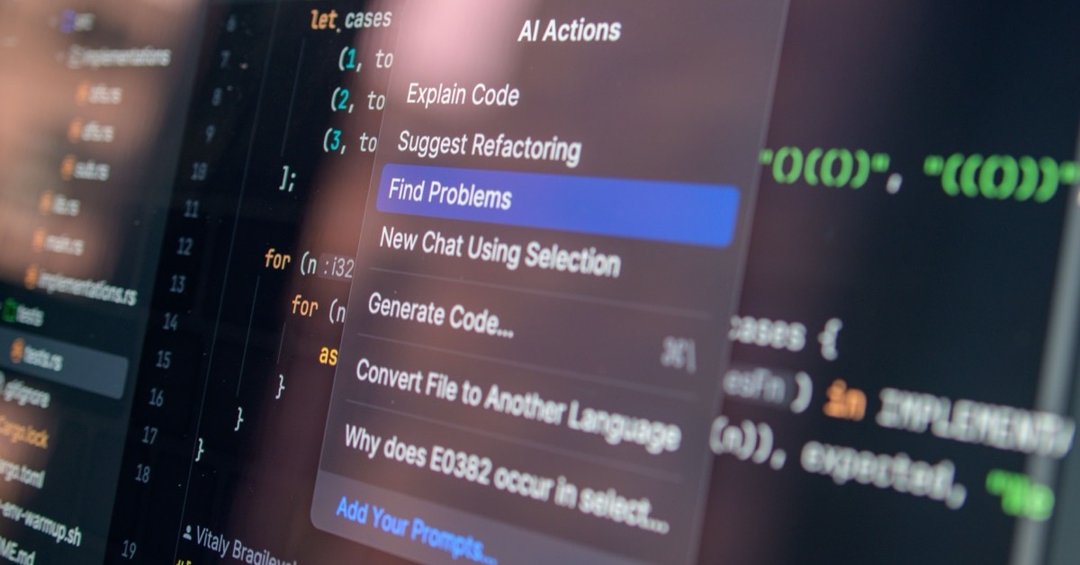 Close-up van een code-editor met een menu AI Actions, met opties als Find Problems en Suggest Refactoring