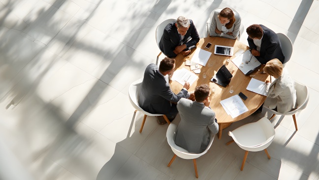 A group of professionals sitting around a round table engaged in a collaborative discussion, symbolizing partnership and teamwork.
