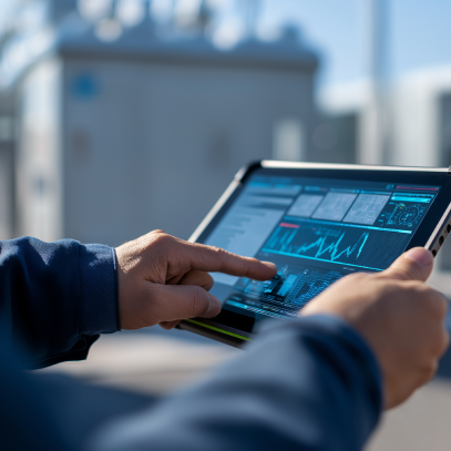 A person using a tablet outdoors to monitor technical data and performance analytics on industrial equipment.