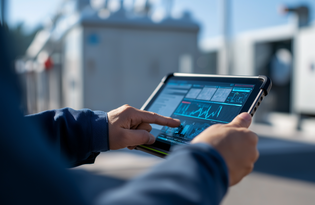 A person using a tablet outdoors to monitor technical data and performance analytics on industrial equipment.