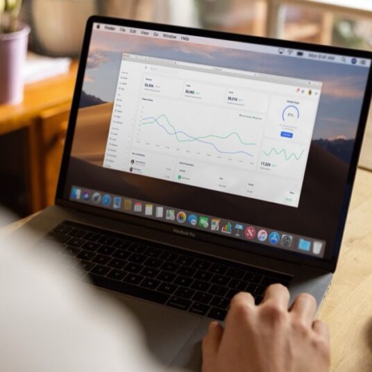 Person working on a laptop showing a sales dashboard with charts, with a cup of coffee on the table