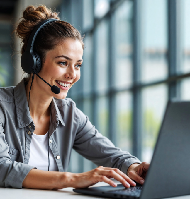 Focused woman with headphones working on a laptop during an online IT session